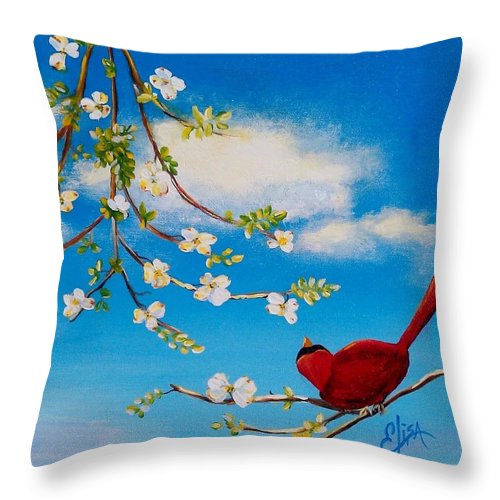 Cardinal on dogwood branch - Throw Pillow