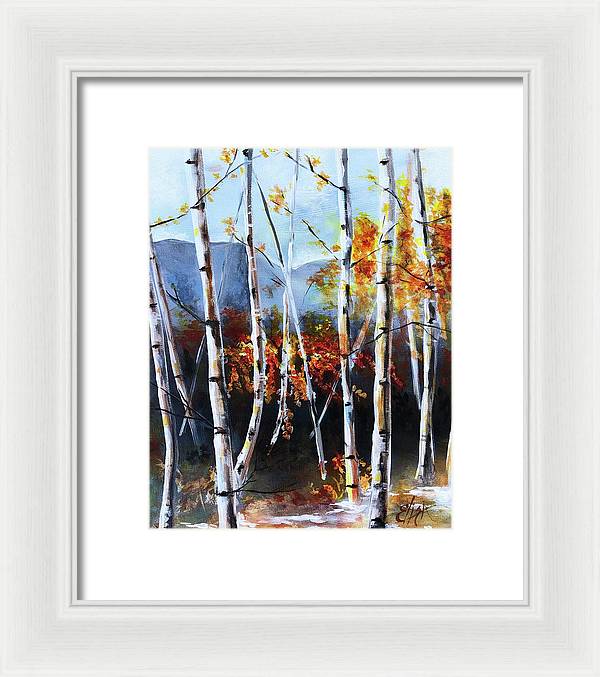 White Birch Tree Mountain Landscape - Framed Print